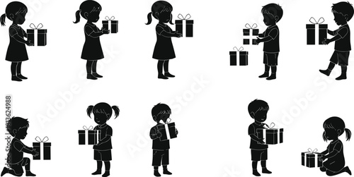 Silhouette children holding gift boxes in various poses, festive kids presenting presents, holiday celebration illustration, isolated black figures for seasonal design and decoration