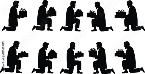 Silhouette figures kneeling and offering gift boxes in various poses, symbolizing giving, celebration, gratitude, charity, surprise, and special occasions in minimalist vector illustration design