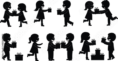 Silhouette of happy children exchanging gifts, joyful kids celebrating holiday, friendship and love, festive illustration of boys and girls sharing presents