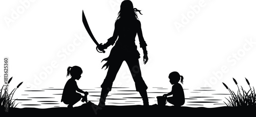 Silhouette of pirate standing with sword beside two children by water, dramatic adventure scene, storytelling atmosphere, danger, fantasy moment, isolated background illustration