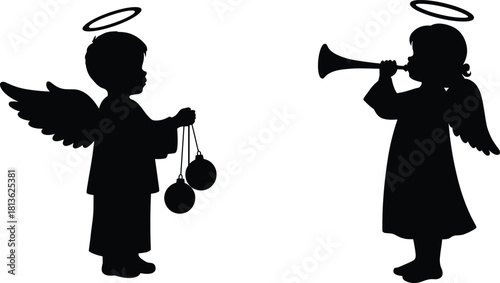 Silhouette of two child angels with halos, one holding ornaments and one playing a trumpet, Christmas heavenly illustration, angelic holiday artwork for festive design