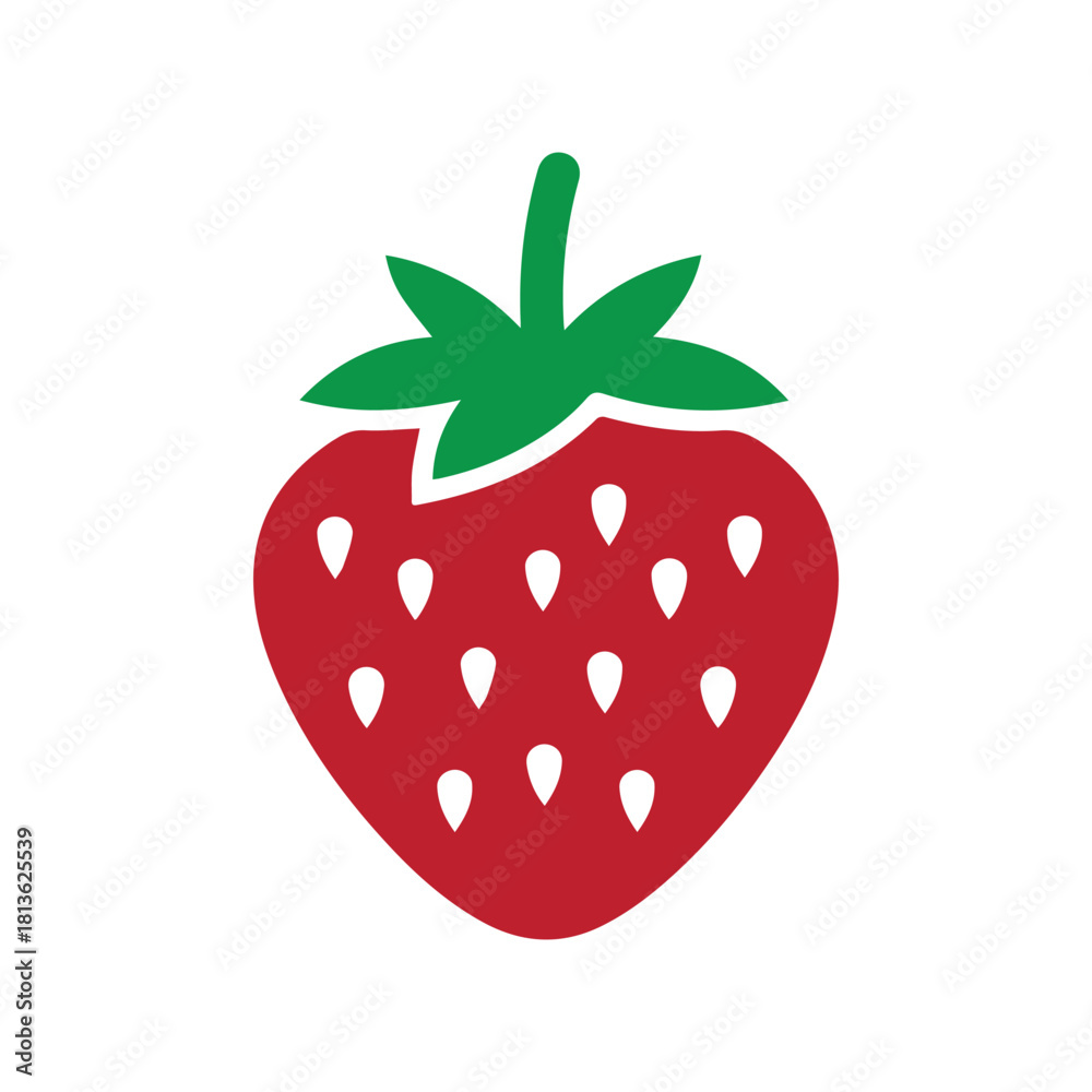 Fototapeta premium A simple red strawberry fruit icon with green leaves, a classic symbol of summer, healthy eating, and sweet dessert, isolated on a white background