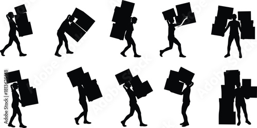 Silhouette workers carrying heavy boxes in various poses, showcasing manual labor, delivery tasks, shipping effort, transportation movement, teamwork concept and workplace activity