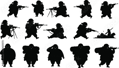 Soldier silhouette with weapon, military combat poses, army battle illustration, war action scene, tactical troops in motion, armed forces figure, battlefield concept art, defense icon design