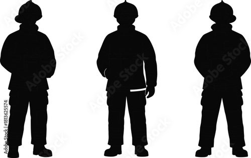 Silhouettes of firefighters standing in uniform, professional emergency responders posing in protective gear, firefighter silhouettes isolated on white background for safety