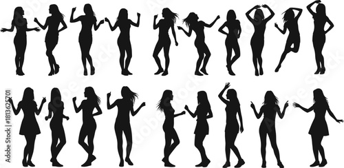 Women dancing silhouettes illustration, female dance poses collection, party movement figures, energetic girl shapes, expressive choreography vector set, modern dancer shadow artwork