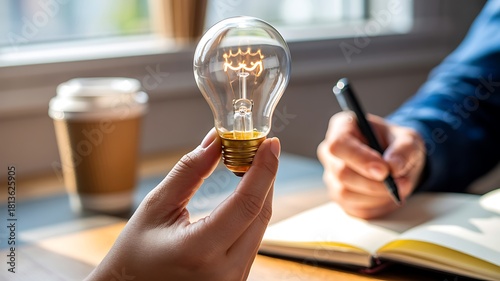 Creative idea concept with light bulb held during business meeting
