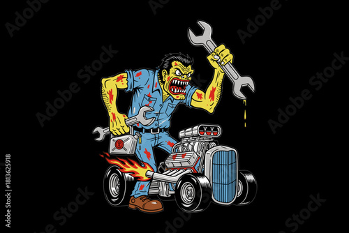 Zombie mechanic driving a hot rod car with tools.