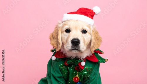 Golden retriever puppy in elf costume with Santa hat on pink background