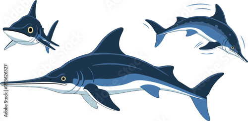 Three Cartoon Swordfish Swimming in Different Directions.