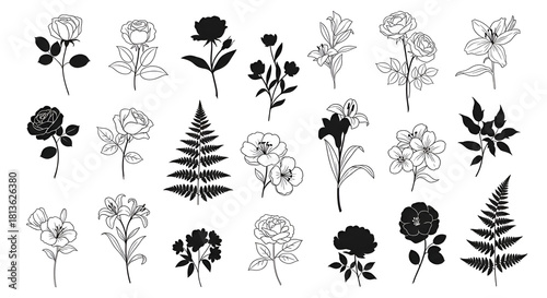 Black and white flower silhouettes with detailed shapes, presented in a high-contrast artistic style for graphic design use.