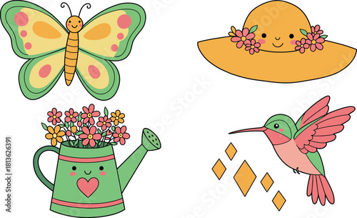 A charming collection of four whimsical spring and summer themed illustrations featuring a butterfly a straw hat a watering can filled with flowers and a hummingbird with nectar drops