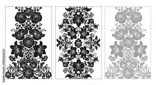 Black and white flower silhouettes with detailed shapes, presented in a high-contrast artistic style for graphic design use.
