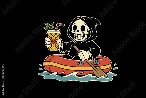 Grim Reaper Enjoying a Tropical Drink in a Raft.