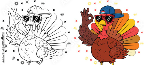 Turkey with sunglasses and cap Colour and Outline Vector	