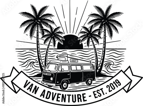 WebVan Adventure Emblem – Black and White Beach Scene with Palm Trees, Sun, Ocean, and Classic Van Lifestyle Badge