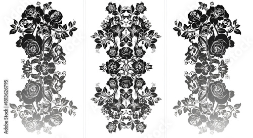 Black and white flower silhouettes with detailed shapes, presented in a high-contrast artistic style for graphic design use.