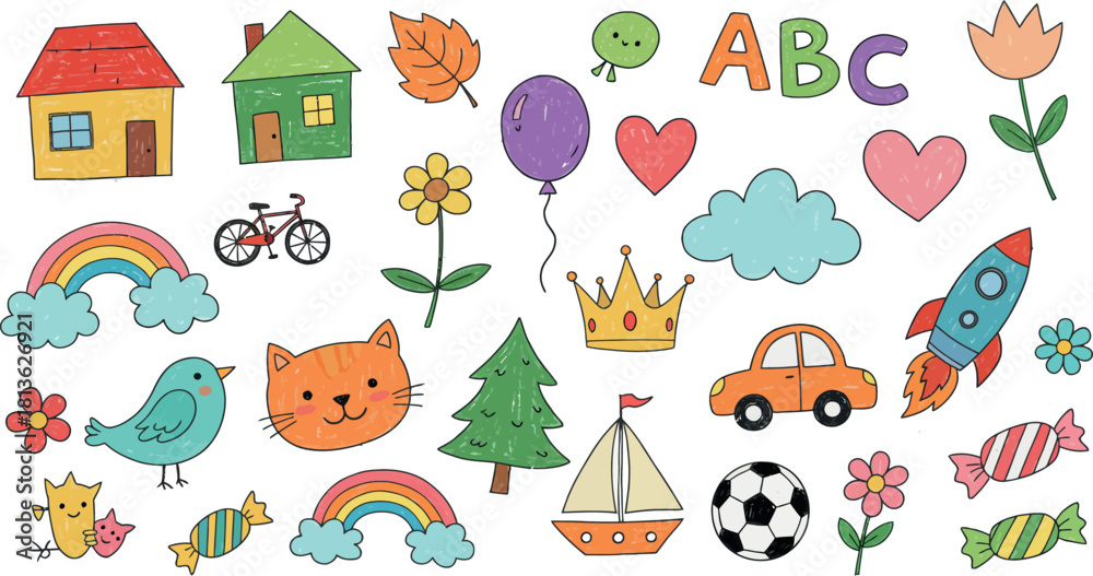 Fototapeta premium Collection of colorful hand drawn cartoon illustrations of houses trees cars rockets rainbows hearts and other fun elements for children
