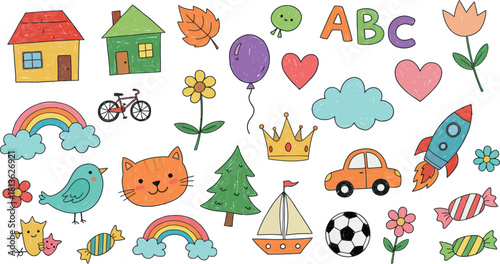 Collection of colorful hand drawn cartoon illustrations of houses trees cars rockets rainbows hearts and other fun elements for children