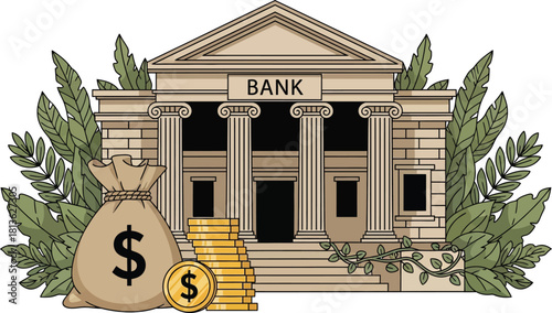Bank Building with Money Bag and Coins – Vector Illustration Symbolizing Financial Institutions, Wealth, and Economic Stability