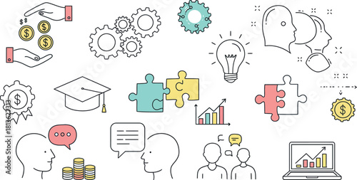 Collection of hand drawn icons representing business concepts innovation ideas and teamwork collaboration and success