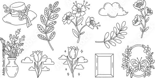 Sweet birthday celebration elements including cake cupcakes balloons party hats and gifts