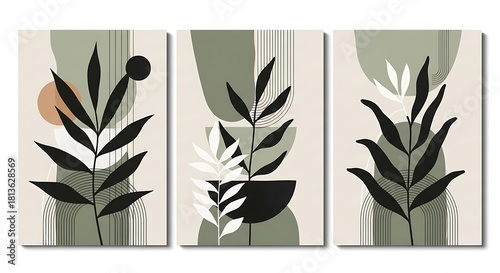 Abstract botanical triptych with black and white leaves and geometric shapes abstract art