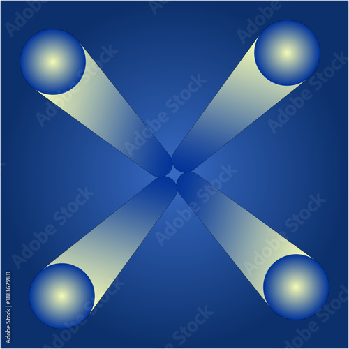 Four glowing orbs cast smooth, tapering light beams into a deep blue void, converging at the center to form a radiant geometric cross.