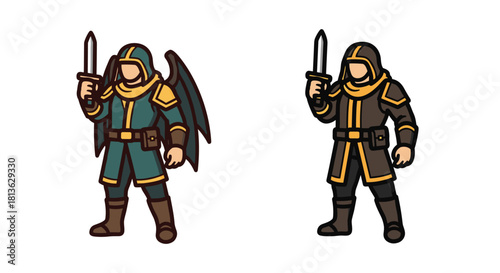 Fantasy warrior characters holding swords, one with wings and green clothes, the other with brown outfit ready for role playing adventures
