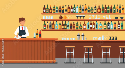Bartender cleaning bar in trendy restaurant with liquor bottles on shelf ready to serve customers, offering a fun evening experience