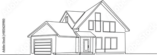 Continuous Line Drawing of a Modern Residential House with Garage Vector