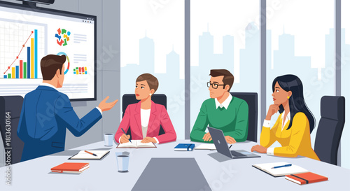 Dynamic business team collaborating on strategy presentation in bright, modern office with charts and graphs on display for quarterly planning
