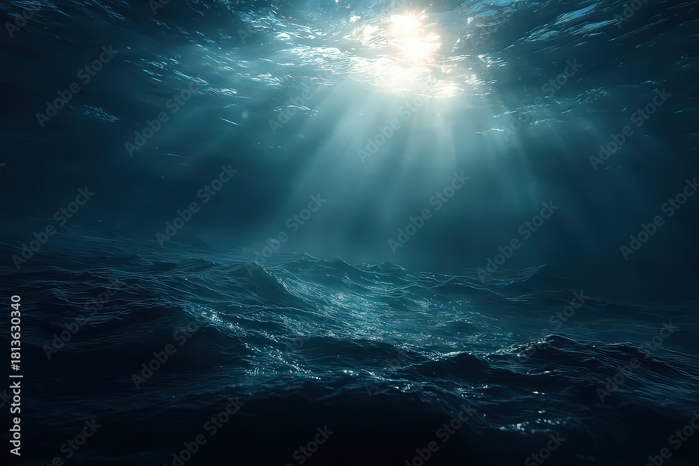 Fototapeta premium Sunlight Piercing Through Dark Blue Ocean Water Surface with Rays and Reflections