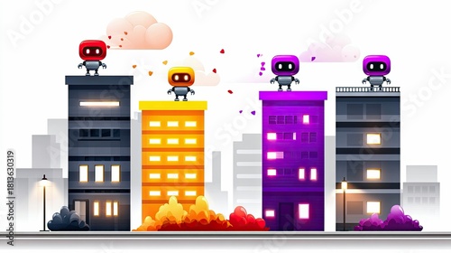 Fototapeta Naklejka Na Ścianę i Meble -  Four cartoon robots stand on top of distinct buildings, with clouds and falling heart shapes in the background.