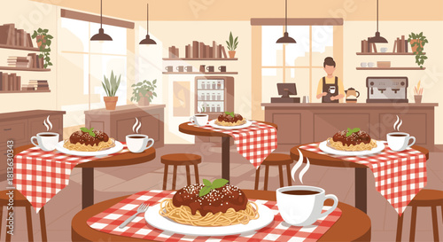 Delicious spaghetti and meatballs with coffee at cozy Italian restaurant with red gingham tablecloths and inviting atmosphere for lunch