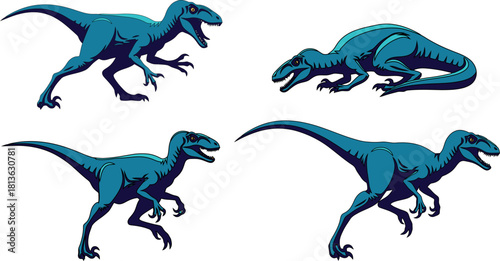 Set of four blue velociraptor dinosaur illustrations in various poses.
