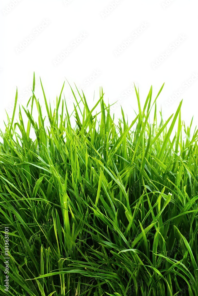 Obraz premium Vibrant Green Grass Blades Against a White Background in Vertical Orientation under Natural Lighting