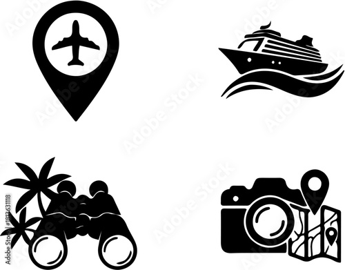Minimalist Black Silhouette Travel and Vacation Icons Set