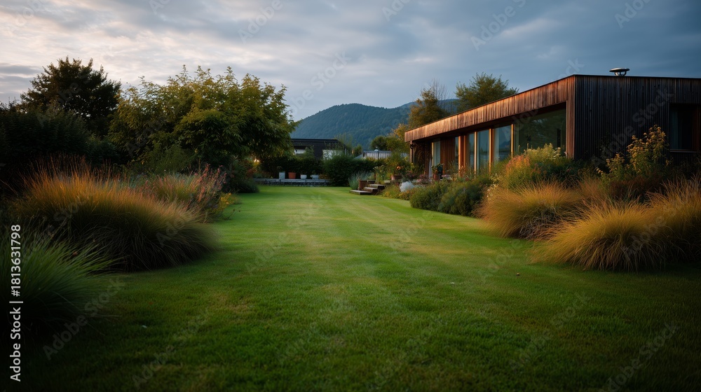 Obraz premium Contemporary house with expansive landscaped garden and mountain views, bathed in soft evening light for a serene atmosphere.