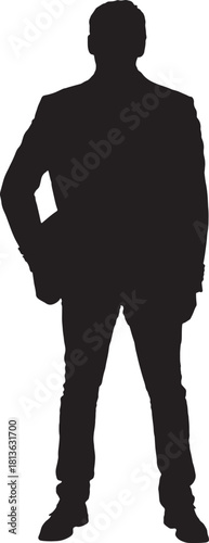 vector, silhouette front view of man dressed in jacket arms akimbo looking at camera