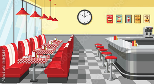 A classic American diner with vibrant red booths and retro decor, perfect for capturing that nostalgic vintage vibe