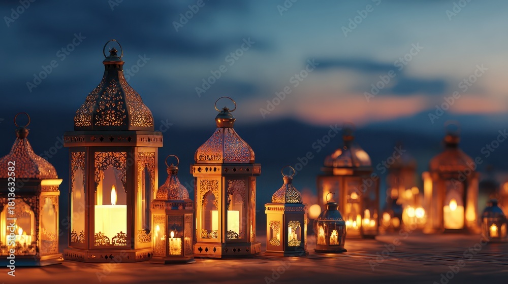 Fototapeta premium ramadan kareem night scene with traditional lanterns glowing warmly against a serene evening sky creating peaceful islamic festival atmosphere for eid celebration and holy month background