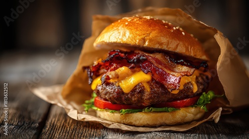 Delicious Hamburger With Bacon Cheese and Tomato on Wooden Surface Wrapped in Brown Paper