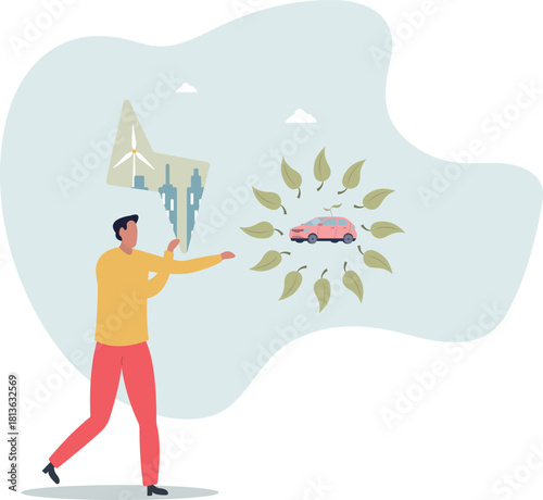 Sustainability concept illustration.using green energy and electric car.life and employment of people.