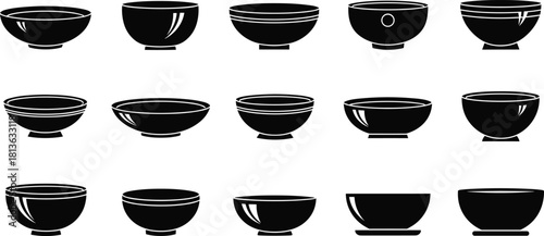 Black bowl silhouette set, ceramic dish shapes, pottery design icons, kitchenware vector, flat style, cad drawing flat vector illustration