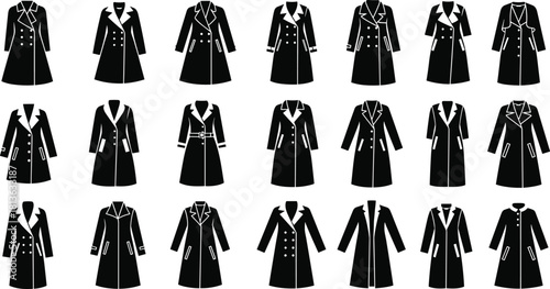 Coat silhouette icon set, fashion outerwear vector, jacket design styles, clothing template collection, cad drawing flat vector illustration