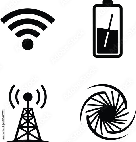 Four black icons wifi battery tower aperture signal