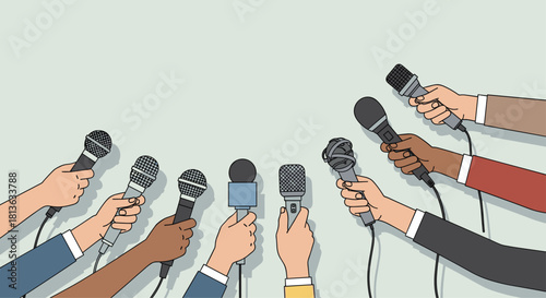 Press conference scene with diverse hands holding microphones for announcements, interviews, podcasts, and media events around the world