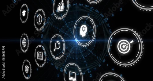 3D holo UI rotating, panning right, zooming, hub pulsing aligning magnifier to highlight search