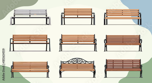 A variety of park benches perfect for outdoor relaxation, community spaces, and urban design projects with durable and inviting seating
